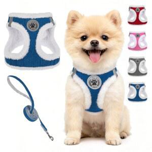 작은 개를 위한 뷰티주 플러시 개 하네스, 당기지 않는 하네스 및 목줄 세트, 겨울용 부드러운 플리스 탈출 방지 강아지 조끼 여자 소년 반사형 경량 단계, 블루
