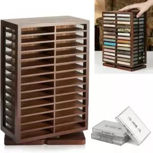 리펑 카세트 테이프 홀더 56 용량 회전식 보관함 360도 CD 타워 보관 랙 양면 잉크 패드 선반 소박한