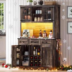 전원 콘센트가 있는 DWVO 커피 바 캐비닛 /라이트 수납 선반과 서랍 3개가 72인치 농가 팬트리 가정용 높은