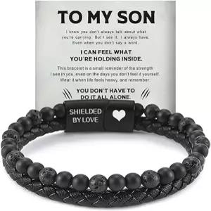 디오우스 아들의 남성 타이거 보호 팔찌 엄마 가죽 블랙 비즈 뱅글과 러브 유 포에버 커프 주얼리 선물