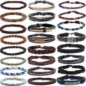 SONNYX 남성 여성 24개 묶음 가죽 꼬임 팔찌 쿨한 우븐 손목 커프 헴프 코드 우드 비즈 에스닉 트라이벌