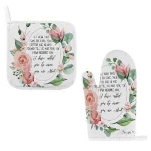 이사야는 내가 너를 구원했다는 이유로 두려워하지 않는다, 성경 구절 벽 예술 폴리에스터 오븐 장갑 및 냄비 홀더 세트 양손잡이, 주방 바비큐용 이중 단열재