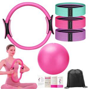 14인치 매직 서클, 운동 볼 및 6개의 저항 밴드가 포함된 필라테스 링 세트 - 코어 근력, 토닝 유연성을 위한 완벽한 홈 장비 여성과 남성을 이상적인 피트니스 선물