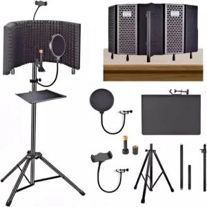 팝 필터 및 스탠드와 전화 클립이 있는 SYLPHID 마이크 격리 실드 접이식 3중 방음 녹음 팟캐스트 스트리밍