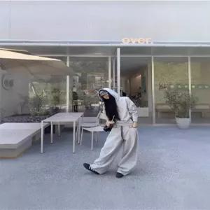 여자정장세트 추동 연그레이 후드 옆단추 맨투맨+와이드 바지 세트 원템4