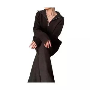 여자 정장세트 터틀넥 집업 풀오버 니트 세트 추동 루즈핏 솔리드 와이드 팬츠 투피스 원픽4