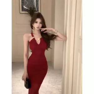 EAMT 여성원피스 오프숄더 메탈 홀터넥 원피스 추동 슬림핏 망사 드레스 머메이드 스커트 YJ4