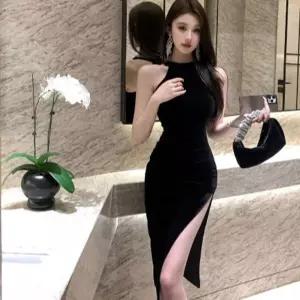 EAMT 여성원피스 홀터넥 허리 여밈 벨벳 원피스 추동 트임 언밸런스 스커트 YJ4