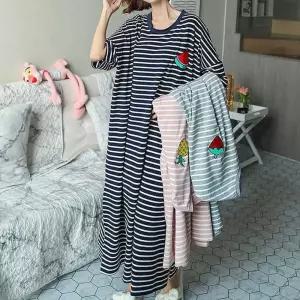 반팔 빅사이즈 스트라이프 원피스 잠옷 자수 파마자홈웨어 줄무늬 롱원피스 오버핏 넉넉한 캐릭터 귀여운