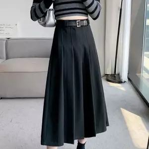 하이웨스트 벨트플리츠 A라인 롱스커트 데일리핏 플레어 가을 데일리룩 페미닌 플리츠 하객스타일 모던 슬