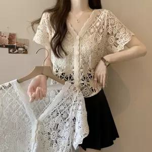 여성 크로쉐 뜨개 반팔 브이넥 여름 가디건 니트 시스루 루즈핏 박시