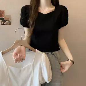 하트넥 크롭 티셔츠 양절개 어깨셔링 퍼프소매 여친룩여성롱 가오리 루즈핏 반팔 소매 시스루 셔츠