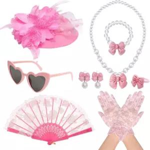 Fumwase 8Pcs 핑크 티 파티 액세서리 세트 장갑 모자 목걸이 팬 팔찌 귀걸이 선글라스 반지 20대 50대