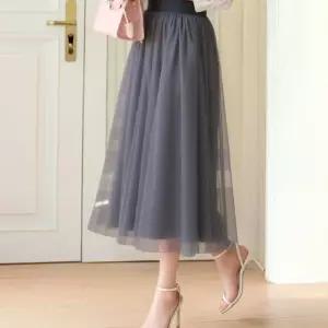 아엘리에 다크그레이 롱스커트 쉬폰 레이스 망사 플레어 밴딩 사계절원피스 원피스 밴스커트 셀프웨 레이어