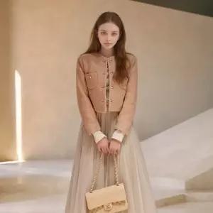 아엘리에 크림베이지 롱스커트 쉬폰 레이스 망사 플레어 밴딩 사계절원피스 원피스 밴스커트 셀프웨 레이어