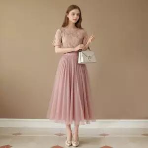 아엘리에 로맨틱핑크 롱스커트 쉬폰 레이스 망사 플레어 밴딩 사계절원피스 원피스 밴스커트 셀프웨 레이어