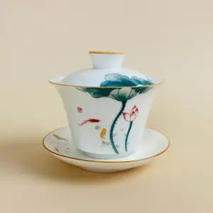 백자 연물고기 개완 합잔 찻잔 130ml합잔 뚜껑 중국 티포트 다기세트 다도구 차도구 도기차잔