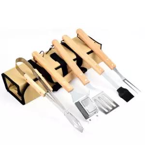 캠핑 필수 용품 BBQ 우드 스텐 조리도구 세트 6P 소세지꼬치 바베큐툴 원목 손잡이 파티 취사 화로 감성 필