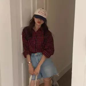 데일리 베이직 레드 네이비 체크 긴팔 셔츠 남방 여성 루즈핏