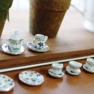 세비아 미니어처 찻잔세트 17P 소품 장식 어쳐 도자기 셀프인테리어 인터 홈인테 디스플레이용품 카페 꾸미