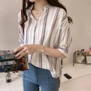 여성 여리 핏 데일리 셔츠 여름 슬림 블라우스 핑크스트라이프상의 여자 여자티 패션 출근