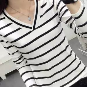 여성 브이넥 스트라이프 티셔츠 ST0142 면티 무지 단가라 줄무늬