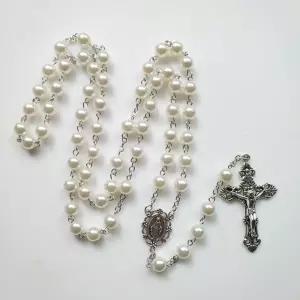 구슬 화이트 진주 천주교 십자가 묵주 용품 성물 성모마리아 세례 기도 팔찌