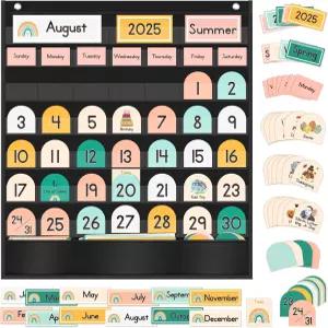 AUVCAS 레인보우 보호 캘린더 포켓 차트 90장의 카드가 있는 블랙 클래스룸 사이즈 23.5 x 20인치 유치원