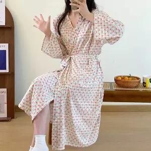 하트 체크 롱 가운 파자마 잠옷 홈웨어 목욕 웨어 원피스 실내복 프린팅 러블리 페미닌 캐주얼 귀여운 편안