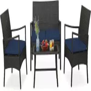 탱쿨라 4피스 야외 대화 세트 강화 유리 커피 테이블이 있는 파티오 PE 위커 소파 소프트 시트 쿠션 포함