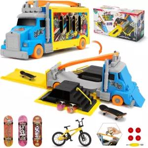 용 KETIEE 변형 트럭 장난감 스케이트보드 램프가 장착된 2in1 접이식 핑거보드 파크 키트 3개 미니 자전거