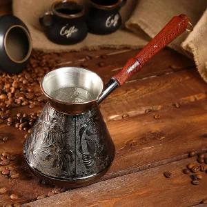 25온스 구리 터키 그리스 아랍어 각인 커피 포트 스토브탑 메이커 세즈베 이브릭 브리키 나무 손잡이