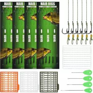 잉어 낚시 헤어 리그 키트 26개 세트 곡선 가시 후크 회전 볼리 미끼 스톱 및 스트링거 바늘 땋은 실 라인