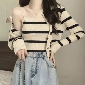 배색 단가라 패턴 여성 슬림핏 골지 나시 가디건 세트롱 가을원피스 니트 남자 브이넥 루즈 여자 봄가디건