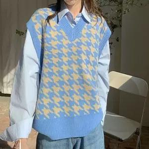 하운드체크 니트조끼 스카이베이직 봄조끼 가을 간절기 여성