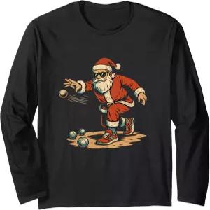 보체볼 크리스마스 페탕크 불스 긴팔 티셔츠를 즐기는 재미있는 산타