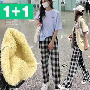 [1개+1개] 융기모 겨울바지 와이드 밴딩 체크 여성팬츠 OFDJ-LPT3