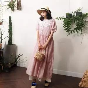 [앞머리]뒷 리본 오픈 잔 체크 퍼프소매 롱 원피스n607_P306968912