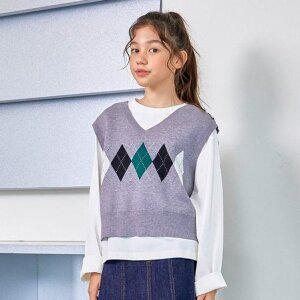 USALL 유솔 HC29 하이틴 아가일 크랍 조끼 주니어 여아 크롭 니트 아...