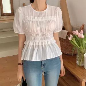 여자 시스루 셔링 프릴 스모크 리본끈 퍼프 블라우스