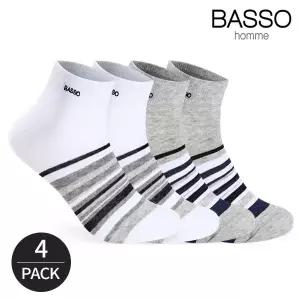 [하프클럽/바쏘옴므]바쏘 남성 스트라이프 자수로고 캐주얼 발목양말 4P_WH/GY