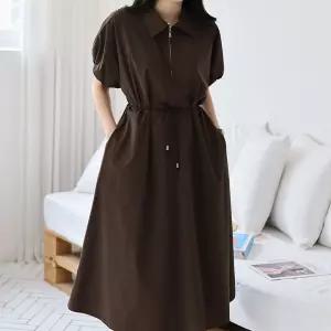 여자 나일론 빅사이즈 반집업 카라 퍼프 끈 롱원피스