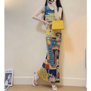 플리츠 원피스 여성용 슬림 스트레이트 실린더 등장 얇은 조끼 민소매 핸드 페인팅 루즈 하이 스트리트 여름 신상