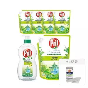 프릴 주방세제 그린파워 레몬그라스 용기, 700ml, 1개 + 리필, 1L, 5개  + 증정 (버블버블 일회용 롤 수세미 28장(롤형),1개)