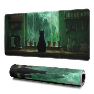그린 블랙 고양이 마우스 패드 추상 빅 80.9 x 29.9cm(31.5 11.8인치) 질감 미끄럼 방지 고무 베이스 대형 마우스패드 스티치 엣지 키보드 매트 책상 사무실 및 가정