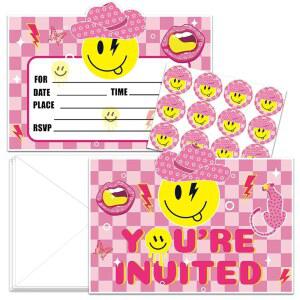 PionUX 24 PCS 프레피 생일 초대장 봉투와 스티커가 포함된 스마일 페이스 파티 장식 용품을 위한 핑크