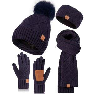 여성 겨울 모자 장갑 스카프 머리띠 세트, 폼 비니 롱 터치스크린 이어 워머, 4 in 1 따뜻한 선물 세트