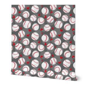 스푼플라워 상업용 등급 벽지 스와치 - 야구 애호가 스포츠 텍스처 팬 그레이 볼 게임 핫도그 팝콘 배트 전통