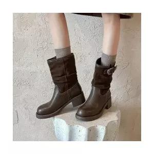 여성용 웨지힐 라지 둘레 조절 가능 메탈 버클 로우부츠 통굽 마이야르 소가죽 부츠 CH5