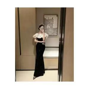 여자 쉬폰 시폰 원피스 벨벳 일자어깨 추동 드레스 스커트 프릴 ST4